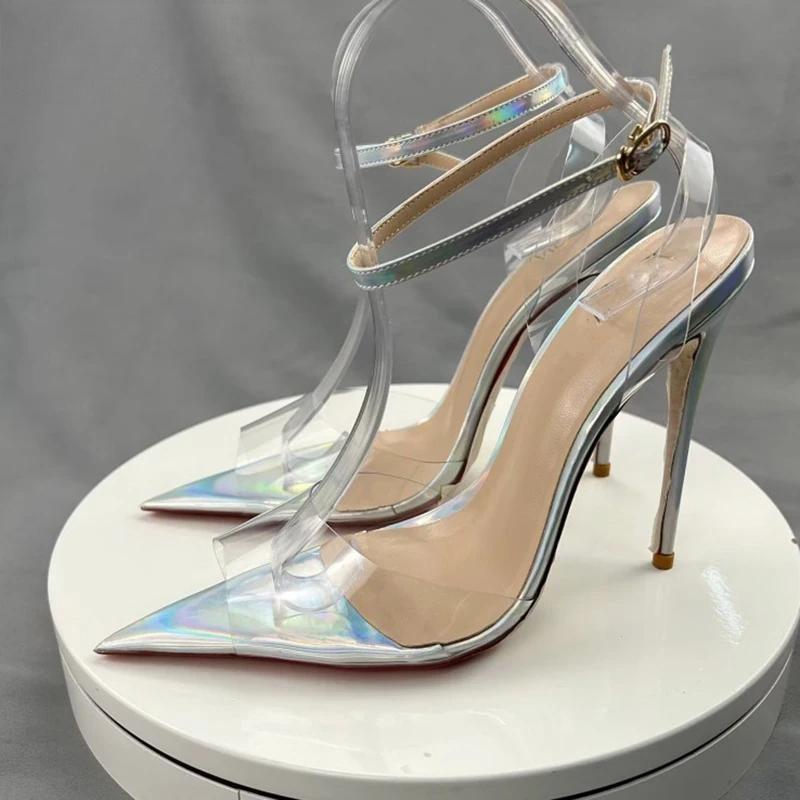 Summer Women Sexy Ankle Straps Clear PVC Pointy Toe High Heel