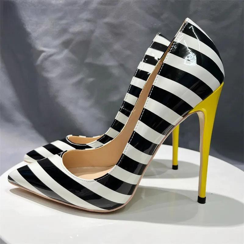 Striped Print Women Pointy Toe Stiletto Pumps with Yellow Heels