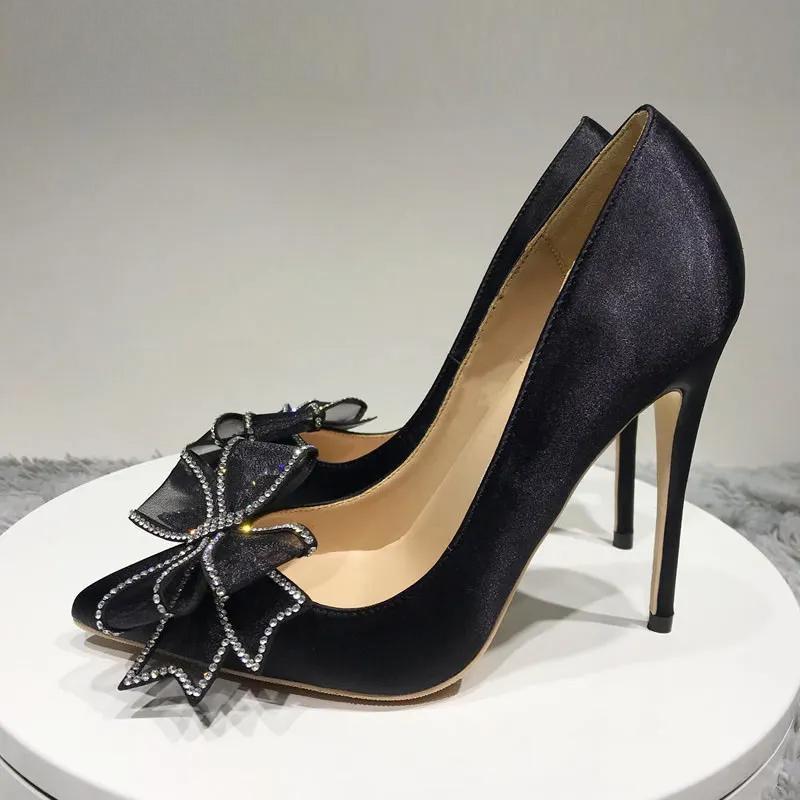 Satin Stiletto High Heels Slip On Pointed Toe Pumps with Silk Bowknot