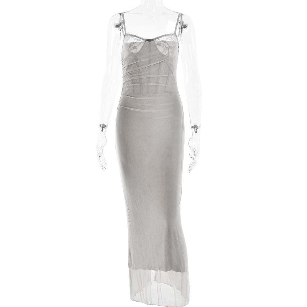 Strap Tube Top Mesh Long Dress