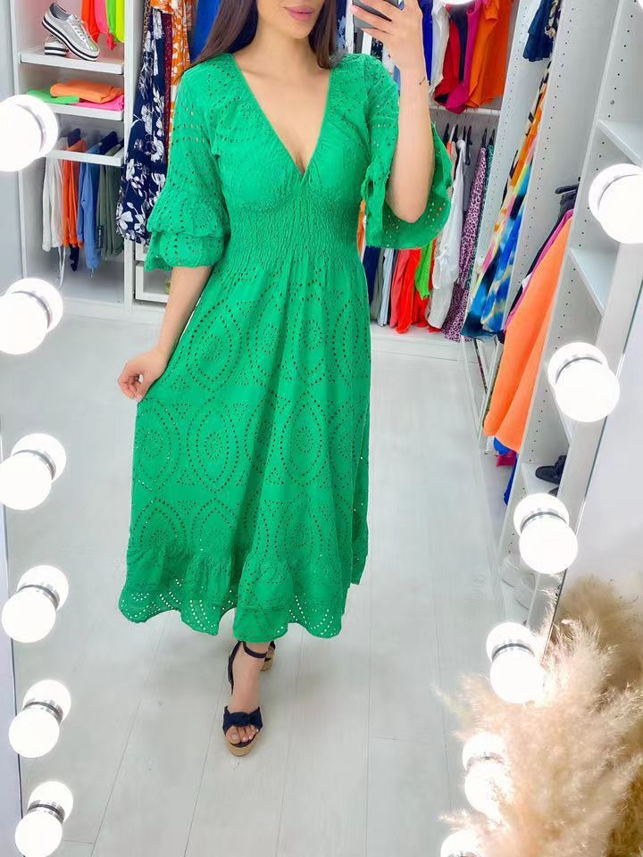 Alice || High Waisted Embroidered Solid V-neck Dress