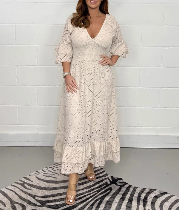 Alice || High Waisted Embroidered Solid V-neck Dress