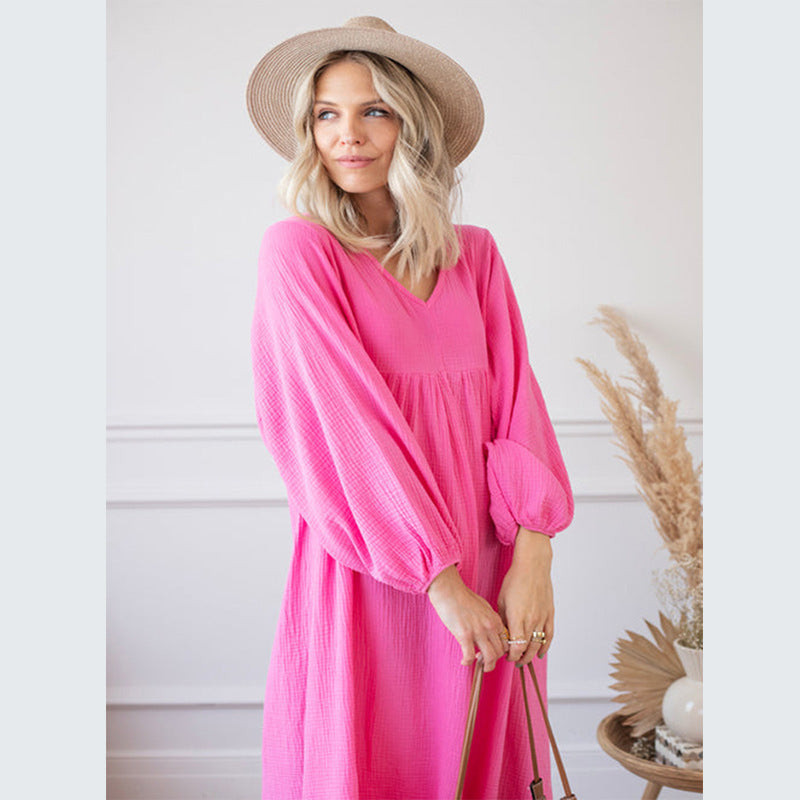 V-neck Loose Lantern Sleeve Dress