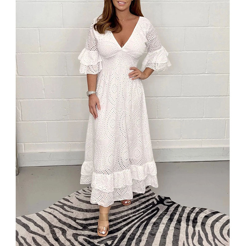 Alice || High Waisted Embroidered Solid V-neck Dress