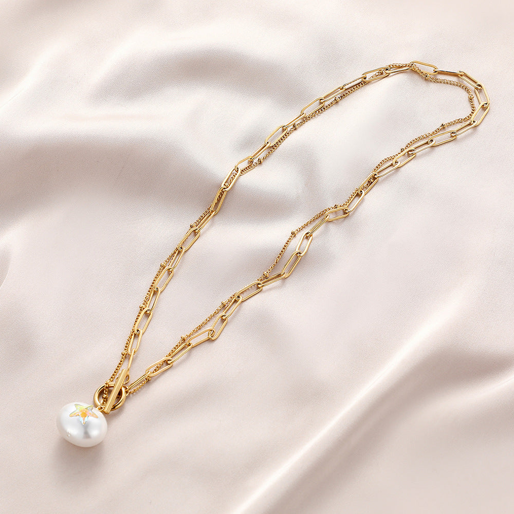 Stainless Steel Round Pearl Star Necklace