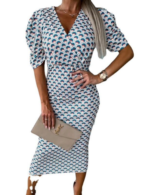 V-neck Short-sleeved Print Slim Mid-length Skirt