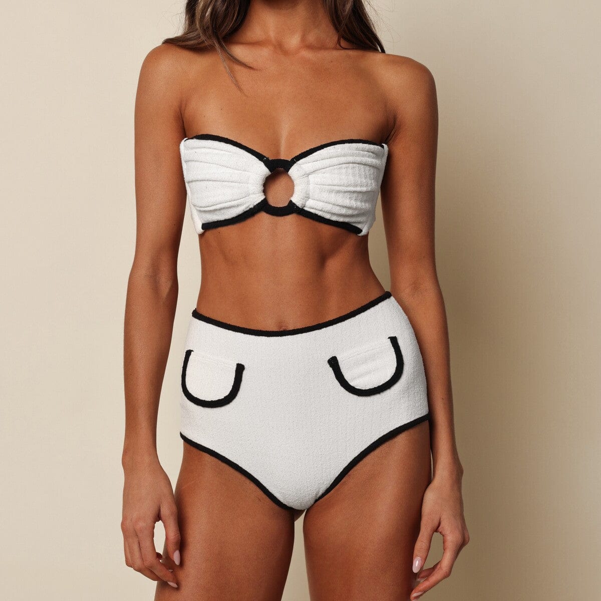 Cream (Black Binded) Terry Rib Tori Ties Bandeau Bikini Top