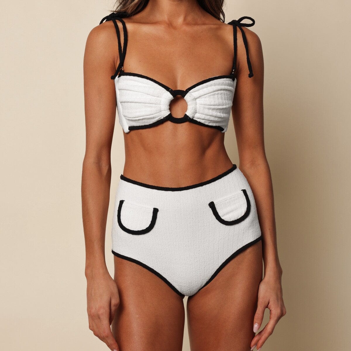 Cream (Black Binded) Terry Rib Tori Ties Bandeau Bikini Top