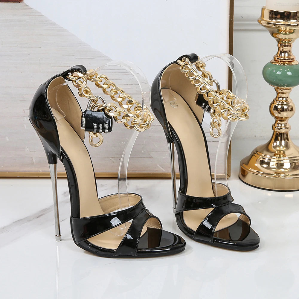 16cm High Metal Heel Open Toe Stiletto Sandals with Ankle Chains Lock for Women Crossdresser Pumps