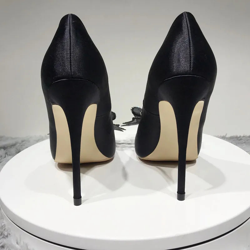 Satin Stiletto High Heels Slip On Pointed Toe Pumps with Silk Bowknot