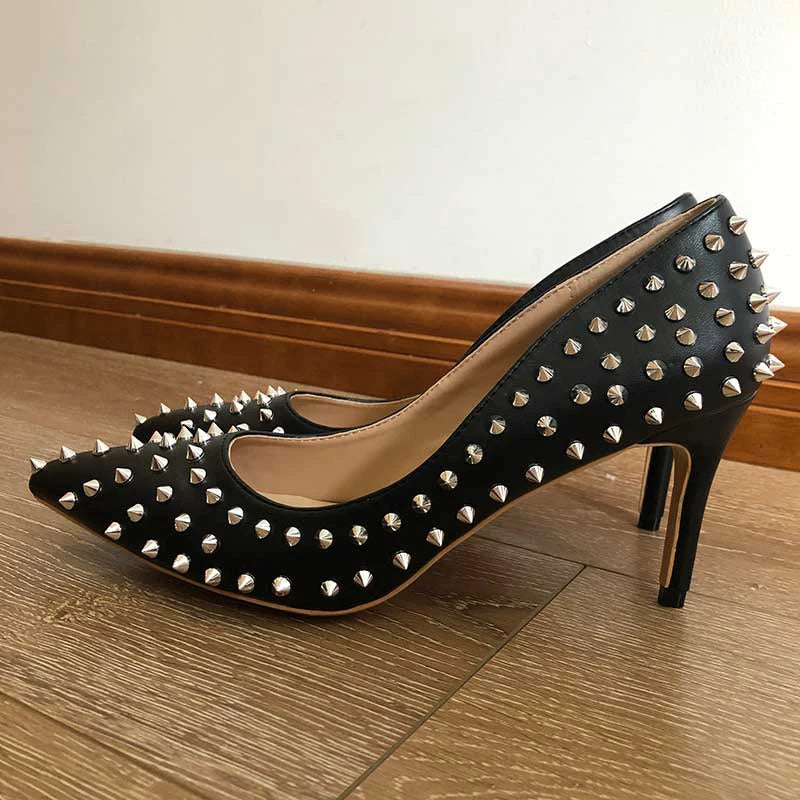 Black Matte Sexy Stiletto High Heels with Silver Spikes for Women