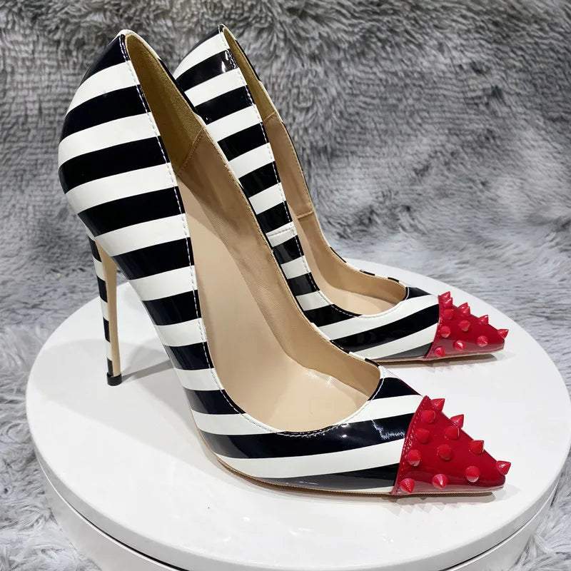 Red Spikes Pointy Toe Striped Print High Heel Party Shoes