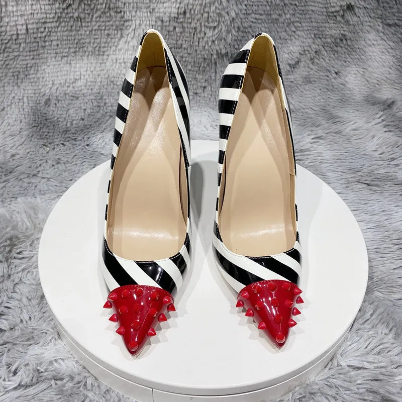 Red Spikes Pointy Toe Striped Print High Heel Party Shoes