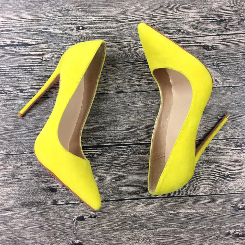 Yellow Flock Pointed Toe Stilettos High Heels Chic Ladies Fashion Pumps