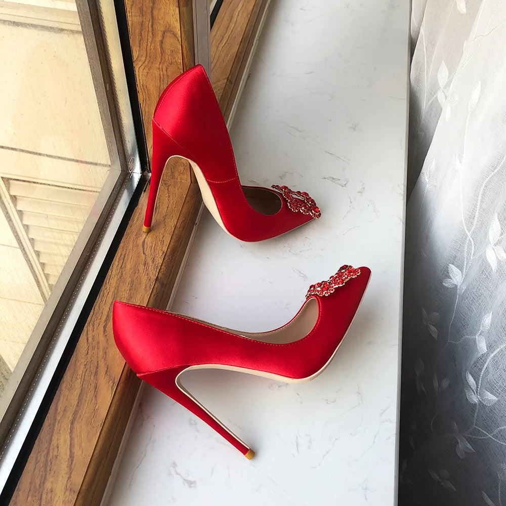 Red Silk Satin Pointy Toe High Heel with Square Rhinestones for Women