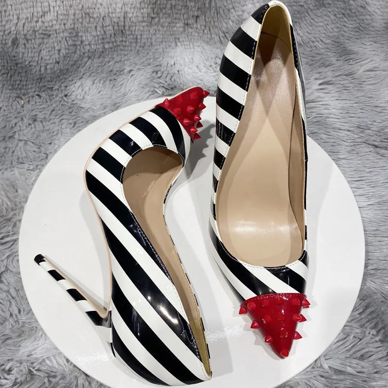 Red Spikes Pointy Toe Striped Print High Heel Party Shoes