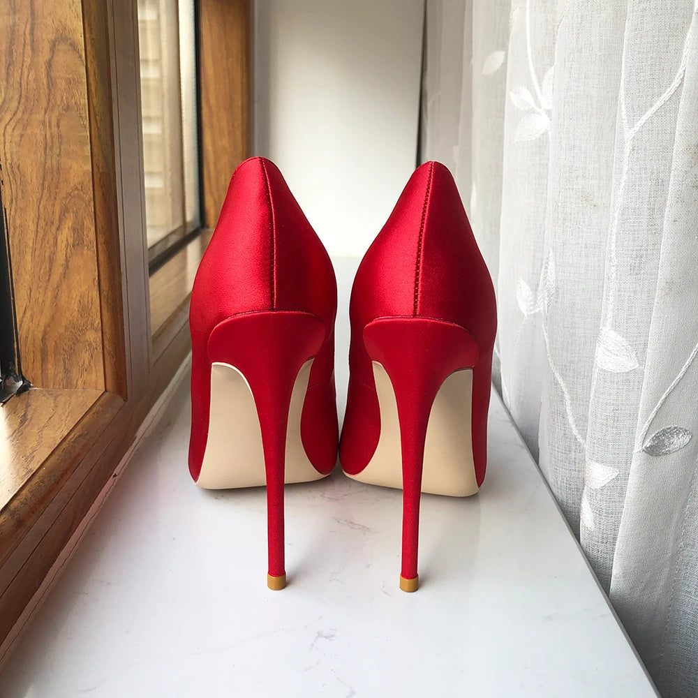 Red Silk Satin Pointy Toe High Heel with Square Rhinestones for Women