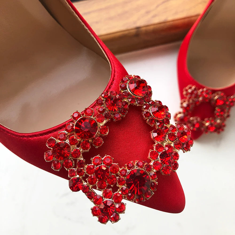 Red Silk Satin Pointy Toe High Heel with Square Rhinestones for Women