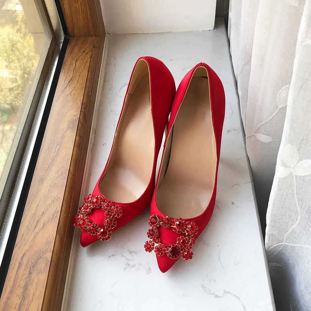 Red Silk Satin Pointy Toe High Heel with Square Rhinestones for Women