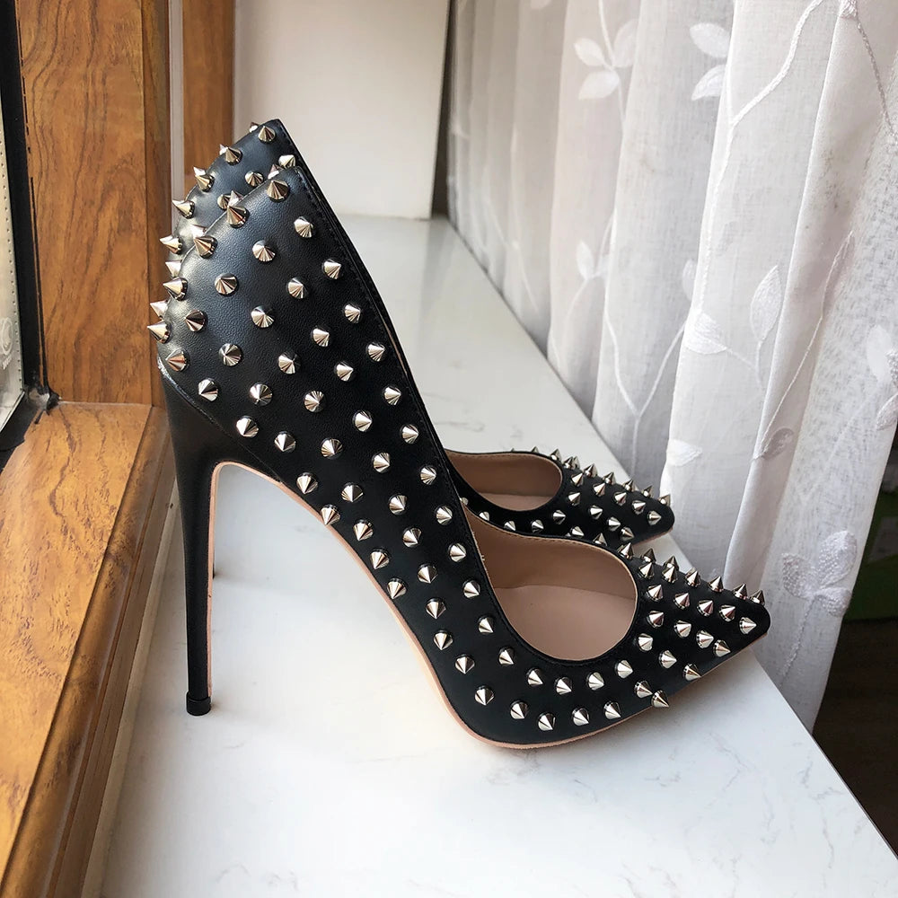 Black Matte Sexy Stiletto High Heels with Silver Spikes for Women