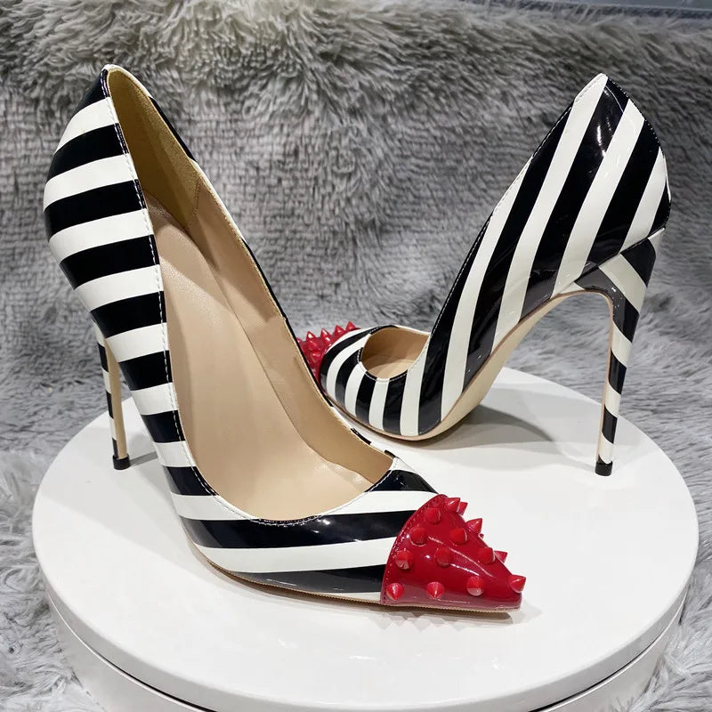 Red Spikes Pointy Toe Striped Print High Heel Party Shoes