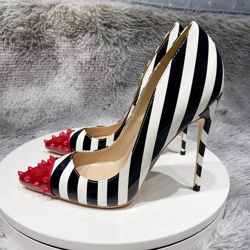 Red Spikes Pointy Toe Striped Print High Heel Party Shoes