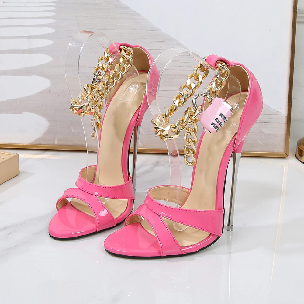 16cm High Metal Heel Open Toe Stiletto Sandals with Ankle Chains Lock for Women Crossdresser Pumps