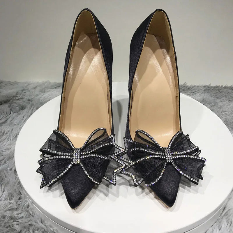 Satin Stiletto High Heels Slip On Pointed Toe Pumps with Silk Bowknot