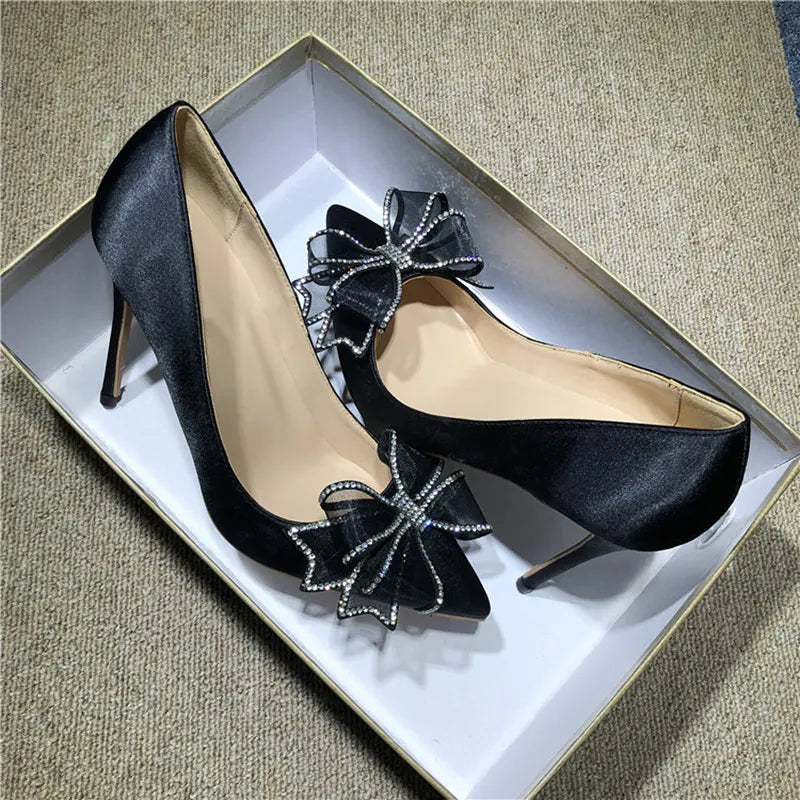Satin Stiletto High Heels Slip On Pointed Toe Pumps with Silk Bowknot