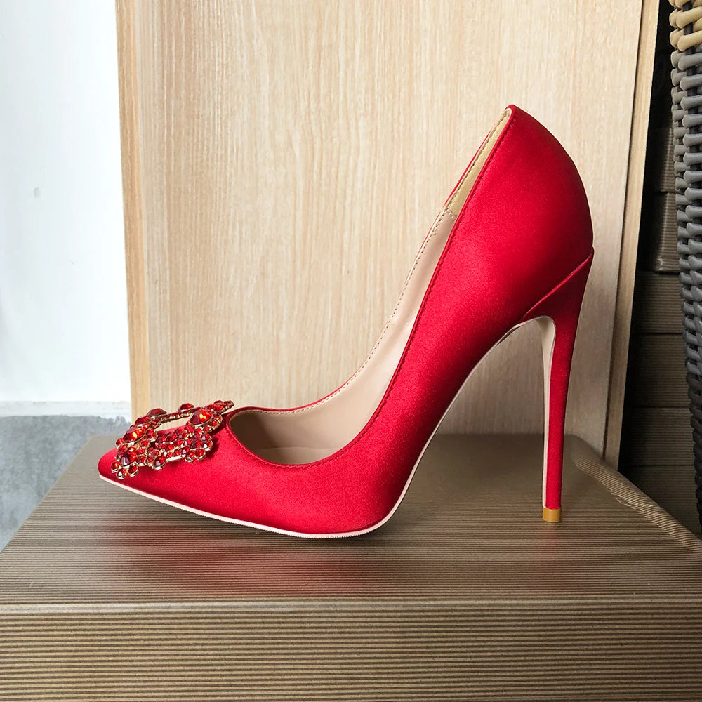 Red Silk Satin Pointy Toe High Heel with Square Rhinestones for Women