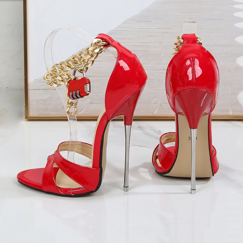 16cm High Metal Heel Open Toe Stiletto Sandals with Ankle Chains Lock for Women Crossdresser Pumps
