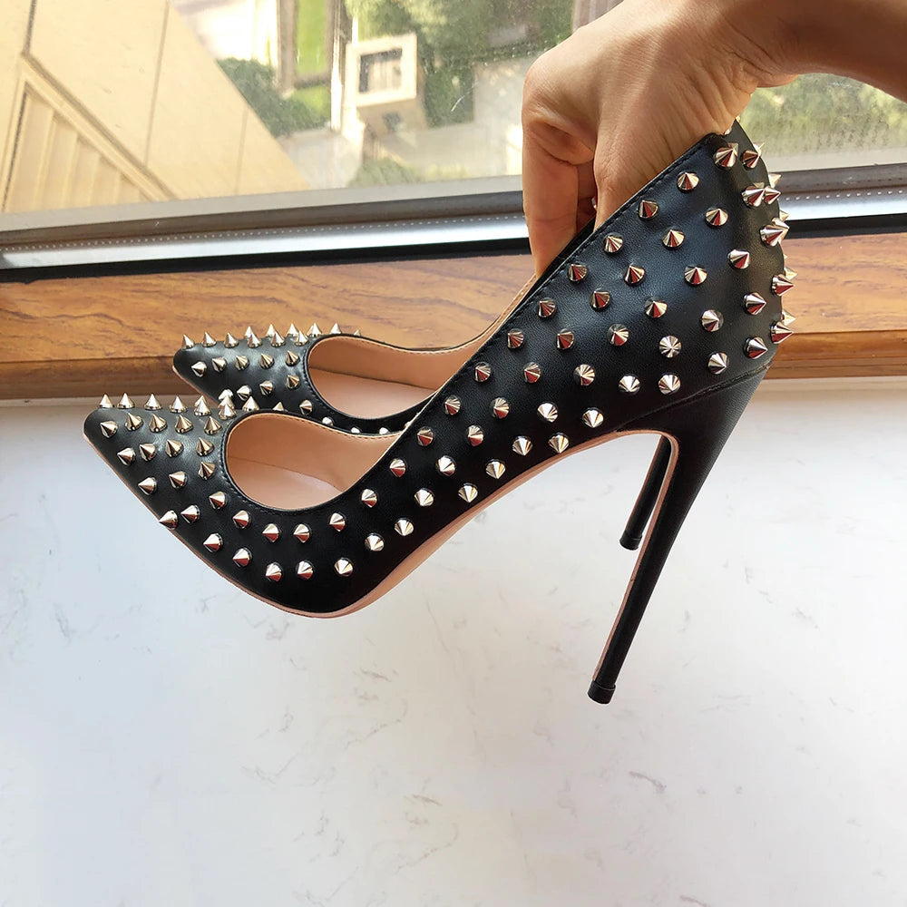 Black Matte Sexy Stiletto High Heels with Silver Spikes for Women