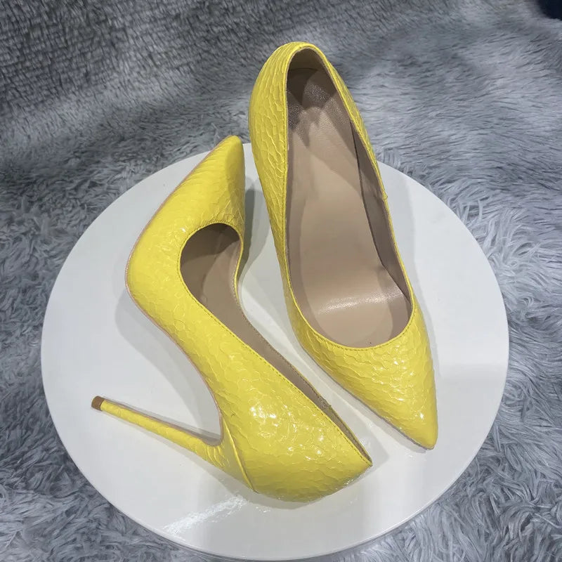 Yellow Crocodile Effect Pointy Toe High Heel Sexy Party Shoes for Women