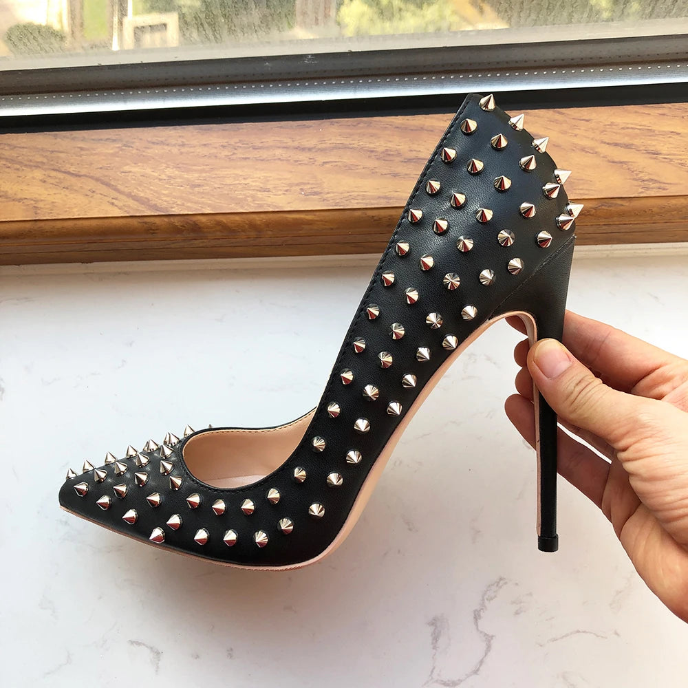 Black Matte Sexy Stiletto High Heels with Silver Spikes for Women