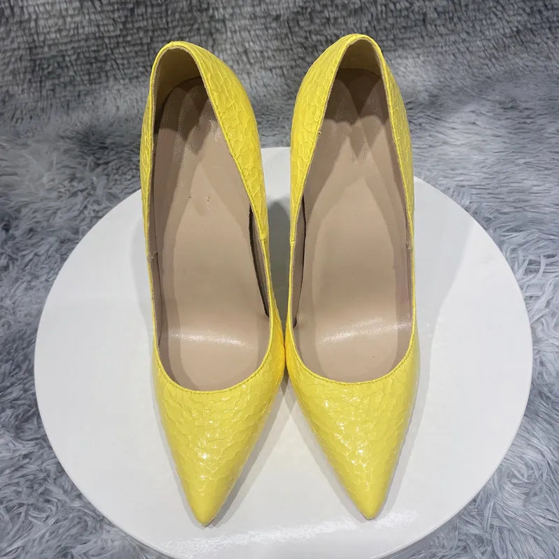 Yellow Crocodile Effect Pointy Toe High Heel Sexy Party Shoes for Women
