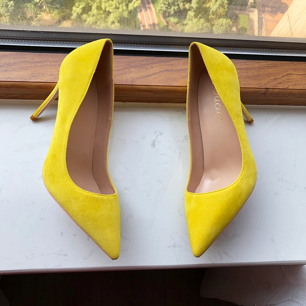 Yellow Flock Pointed Toe Stilettos High Heels Chic Ladies Fashion Pumps