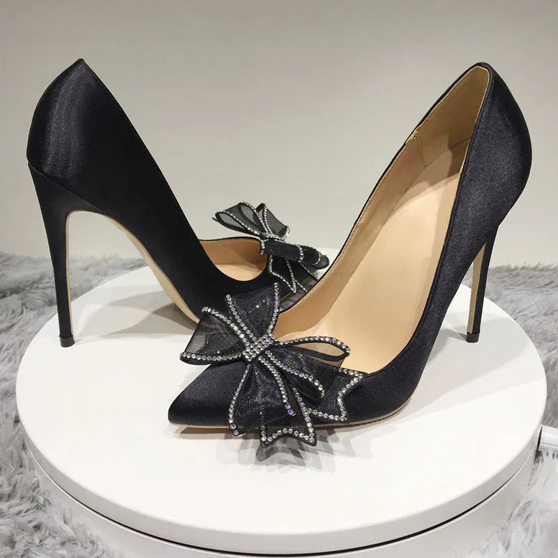 Satin Stiletto High Heels Slip On Pointed Toe Pumps with Silk Bowknot
