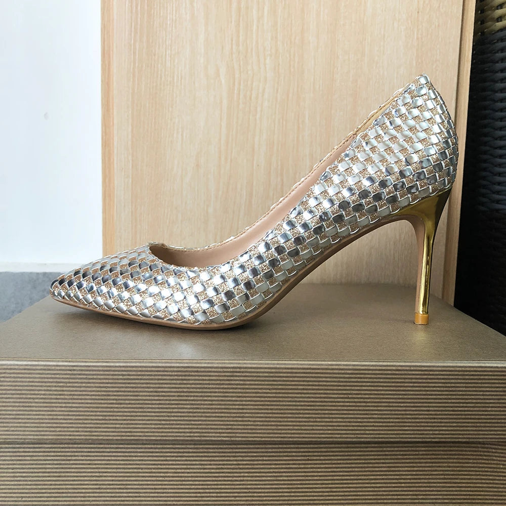 Shiny Plaid Chic Stilettos High Heels Bling Party Dress Shoes for Women