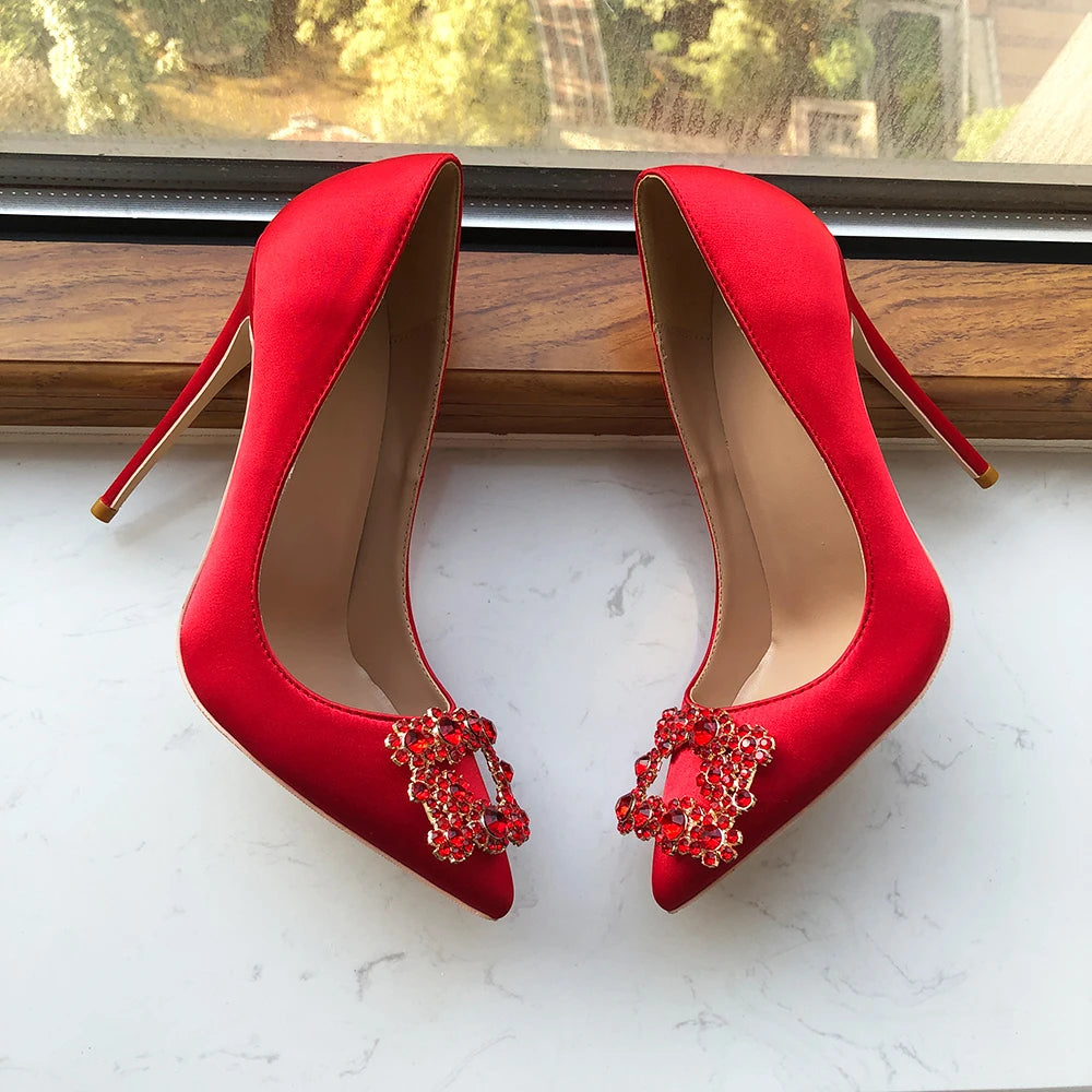 Red Silk Satin Pointy Toe High Heel with Square Rhinestones for Women