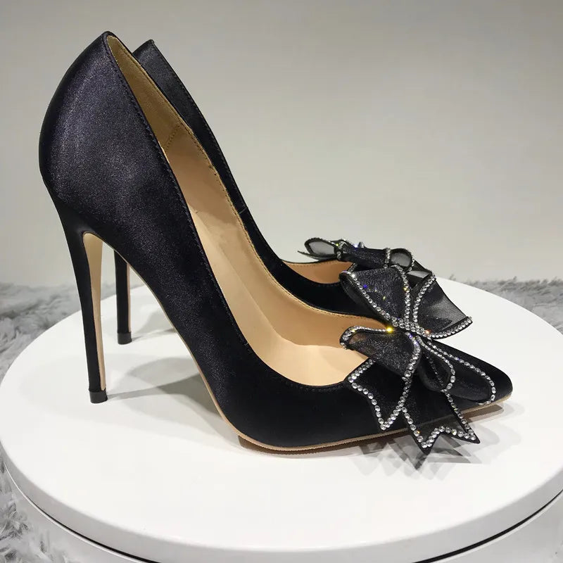Satin Stiletto High Heels Slip On Pointed Toe Pumps with Silk Bowknot