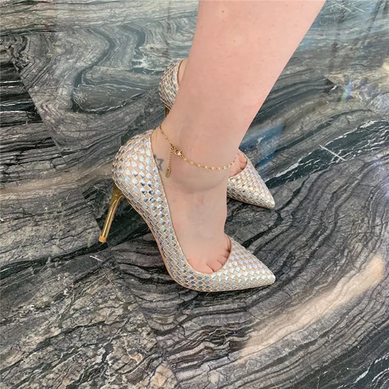 Shiny Plaid Chic Stilettos High Heels Bling Party Dress Shoes for Women