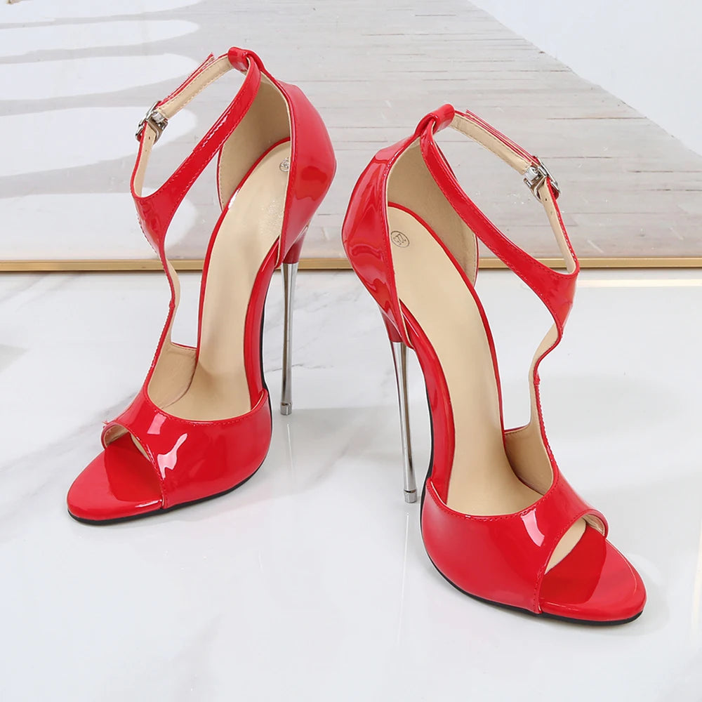 16cm T-Strap Peep Toe Stiletto Sandals for Women with Extremely High Heels
