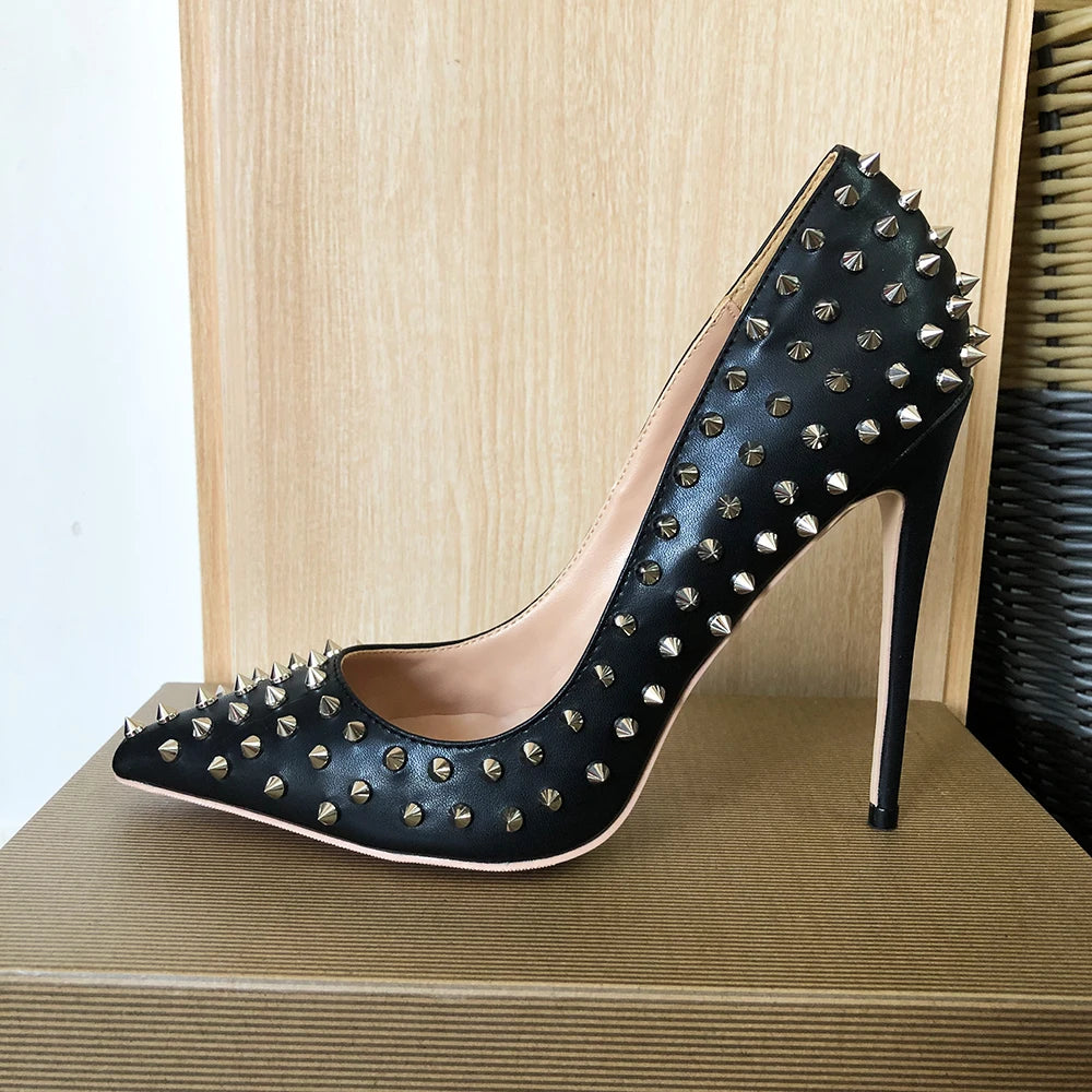 Black Matte Sexy Stiletto High Heels with Silver Spikes for Women
