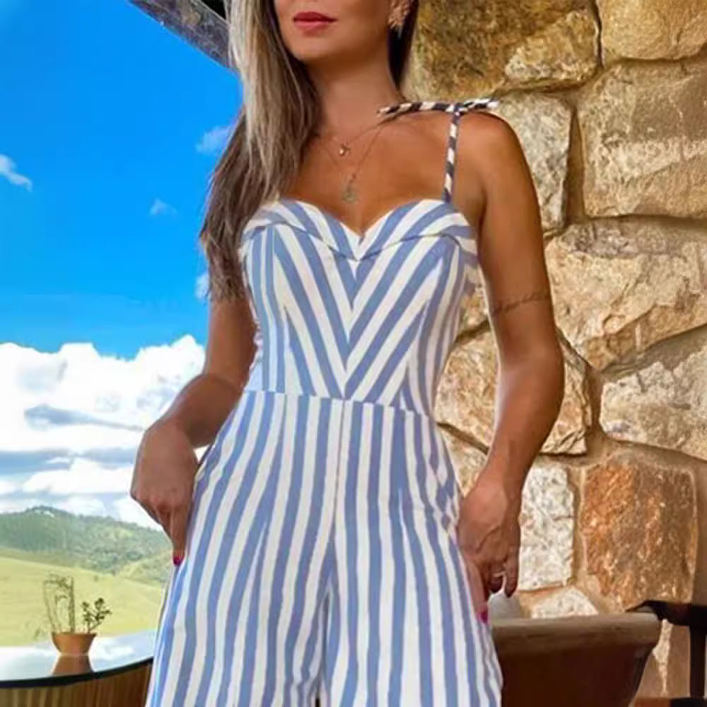 Women's Summer Lace-up Slit Striped Jumpsuit