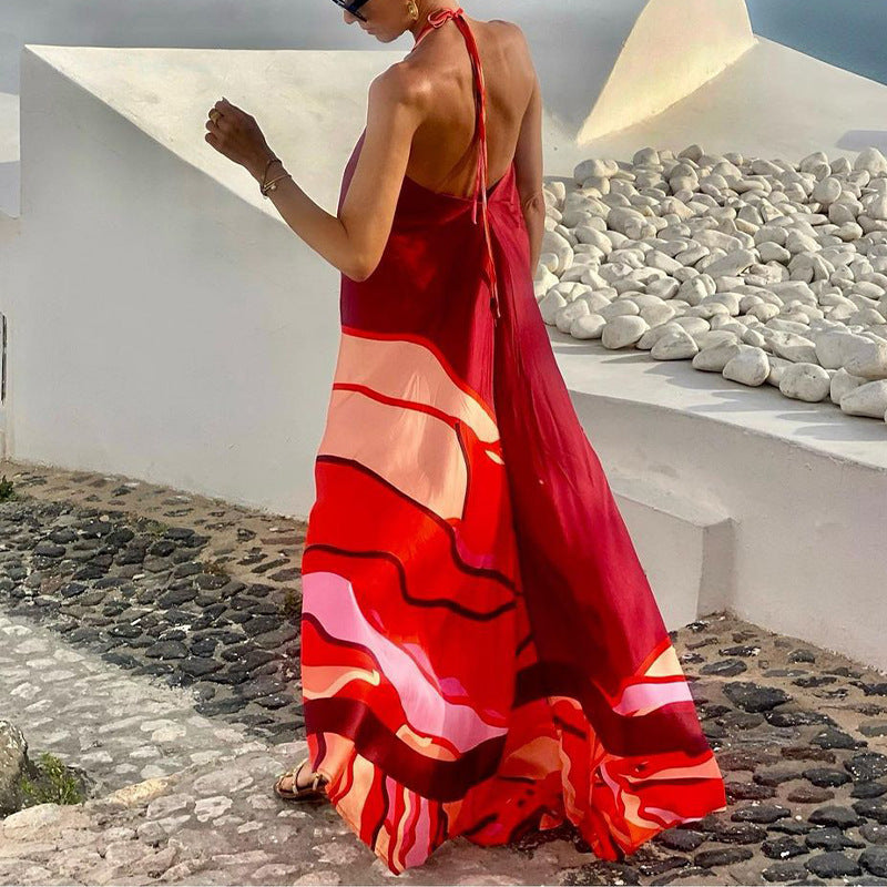 Bec || Fashion Sexy Print Halter Backless Mid-length Dress