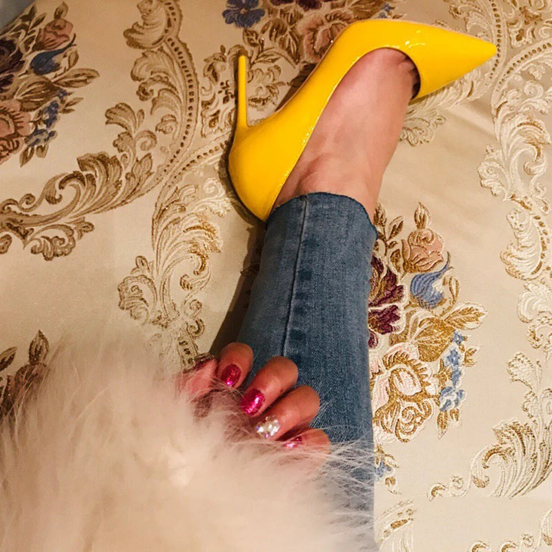 Yellow Women Patent Pointed Toe Pumps High Heels for Party Dress Fashion