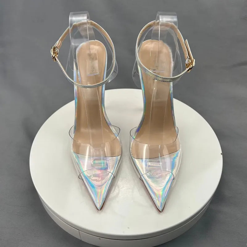 Summer Women Sexy Ankle Straps Clear PVC Pointy Toe High Heel