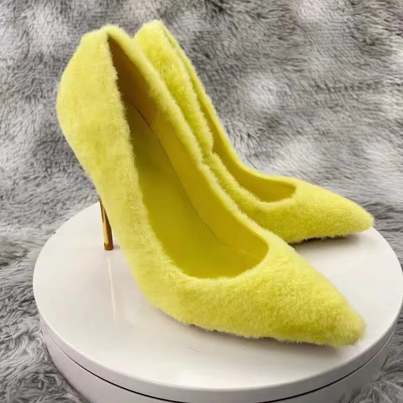 Yellow Faux Fur Pointy Toe High Heel Shoes for Women