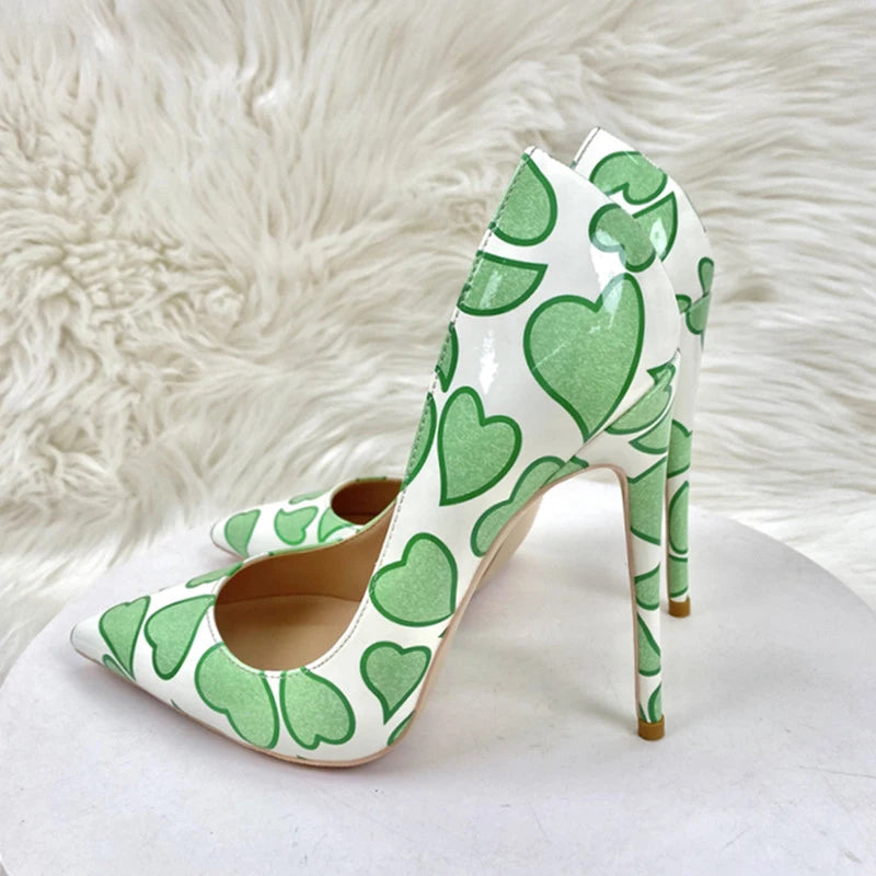 Sweetheart Print White Patent Pointy Toe High Heel Shoes for Women