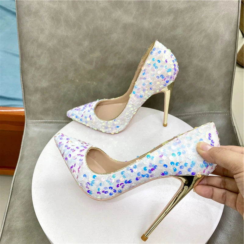 White Pointy Toe High Heel Shoes with Bling Sequins for Women